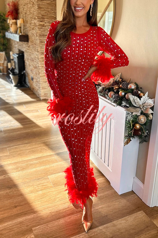 Sexy Long Sleeve Round Neck Feather Edge Rhinestone Decoration Slim Fit Maxi Dress