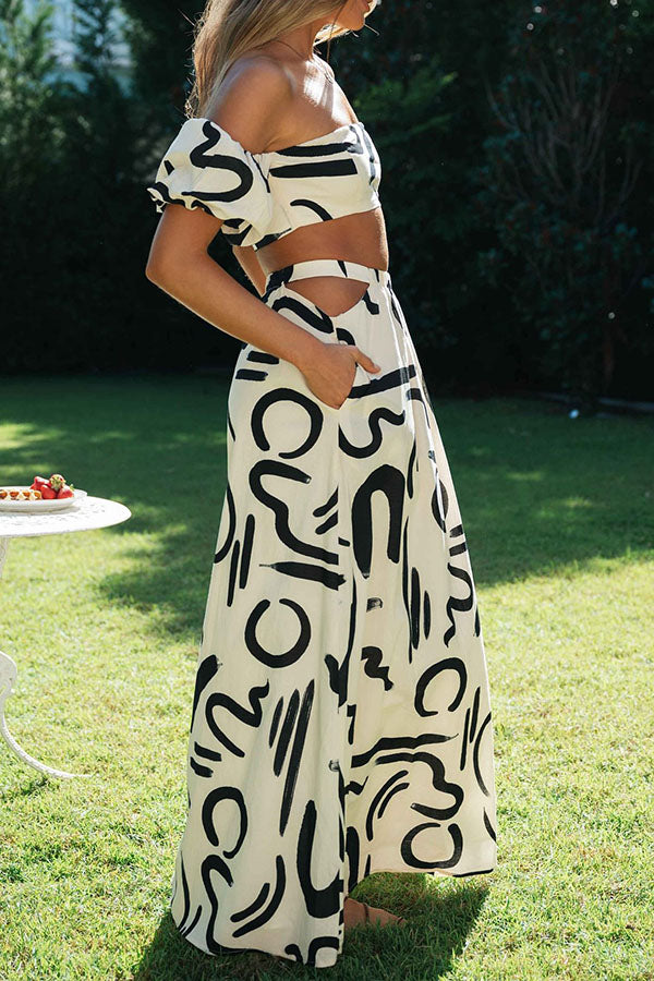 Allegra Doodle Printed Off Shoulder Crop Top and Pocketed Cutout Maxi Skirt Set