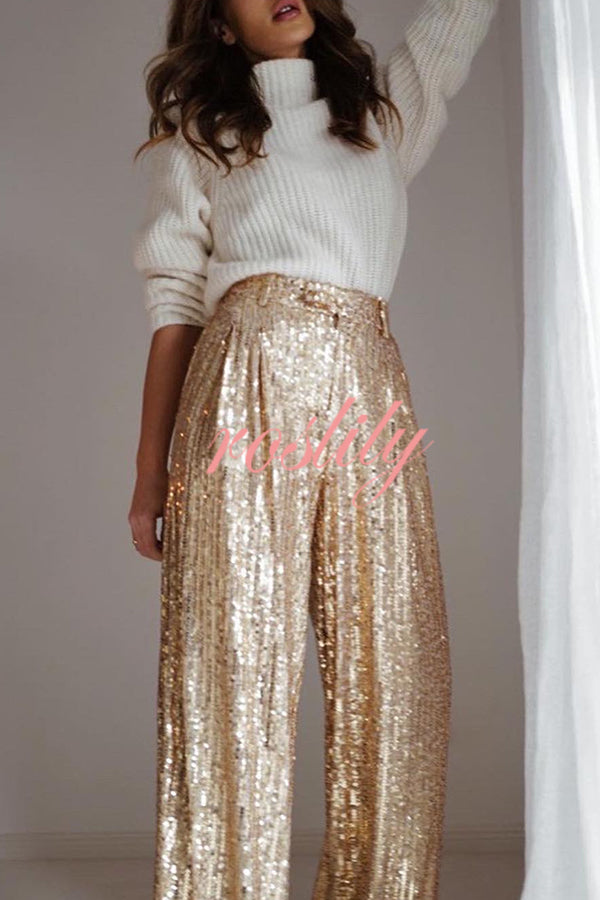 Spread The Light Sequin High Waist Pocketed Wide Leg Pants