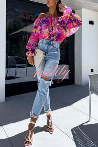 Colorful Botanical Print Sexy Off-shoulder Ruffle Top