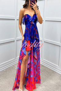 Loving Moment Gradient Unique Print Flowing Layered Ruffles Strapless Slit Maxi Dress