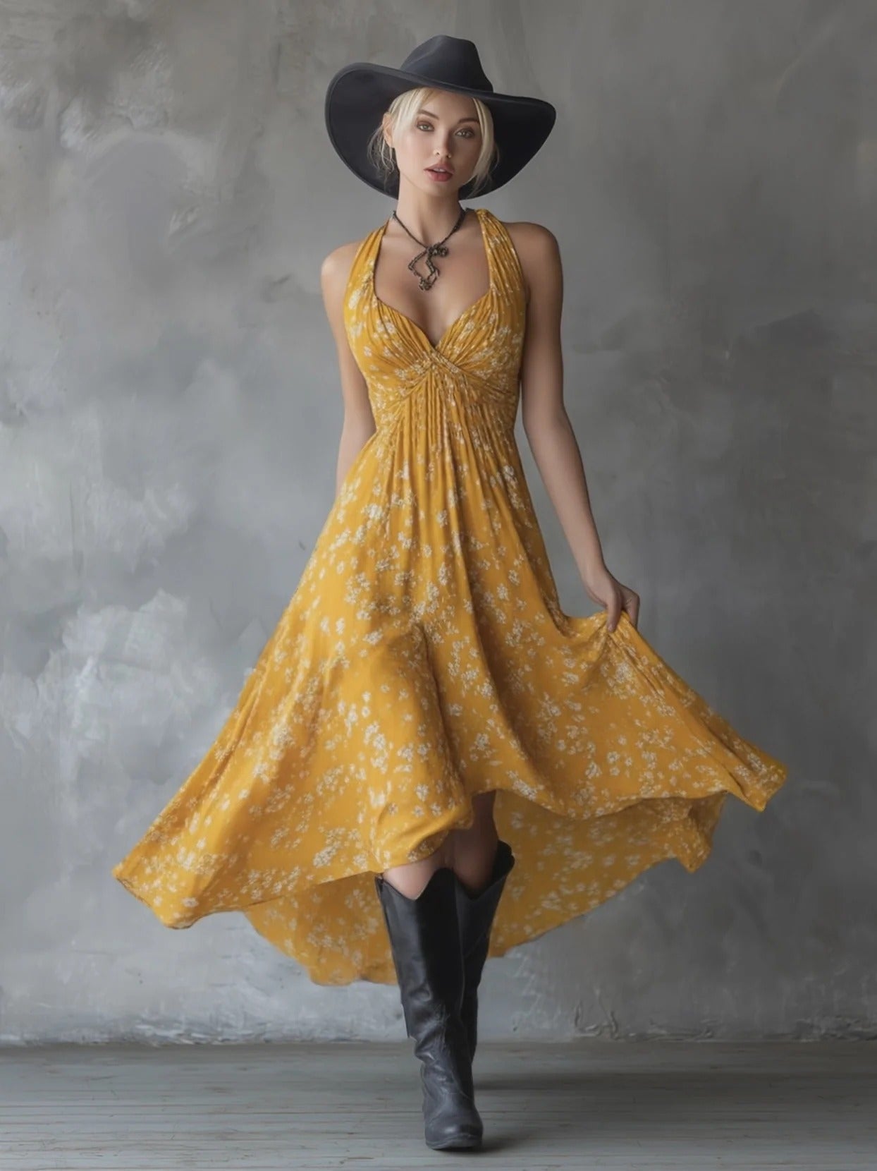 Retro Classic Floral Print Chiffon Sleeveless Maxi Dress