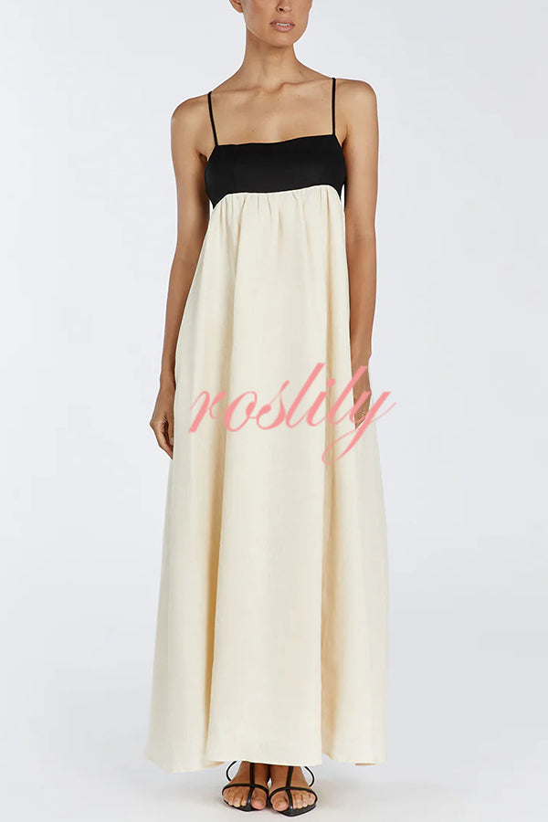 Linen Blend Sexy Sling Backless Contrast Maxi Dress