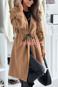 Effortless and Warm Textured Fabric Drawstring Waist Pocket Hooded Midi Coat