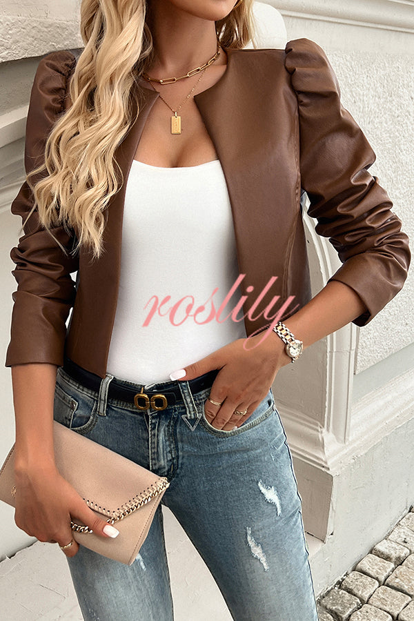 Yelissa Faux Leather Statement Long Sleeve Open Front Crop Jacket