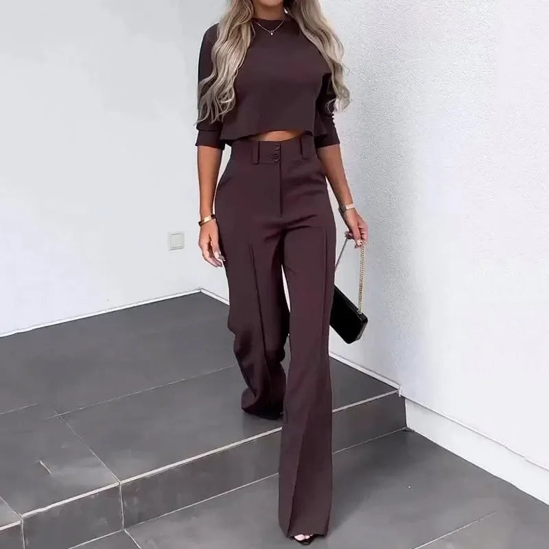 Sculpted Crop Top & High-Waist Wide-Leg Pants Set