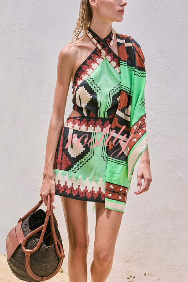 Unique Print Sexy Halter Backless Holiday Mini Dress