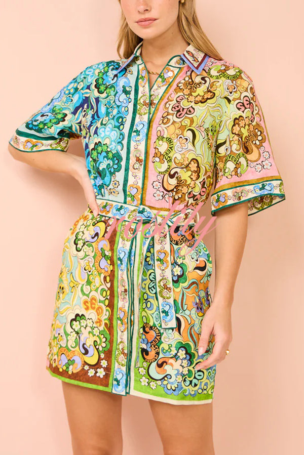 Sasha Linen Blend Unique Printed Shirt Style Tie-waist Mini Dress