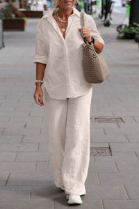 Solid Color Casual Long-sleeved Shirt and Elastic Waisted Loose Wide-leg Pants Set