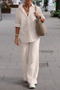 Solid Color Casual Long-sleeved Shirt and Elastic Waisted Loose Wide-leg Pants Set