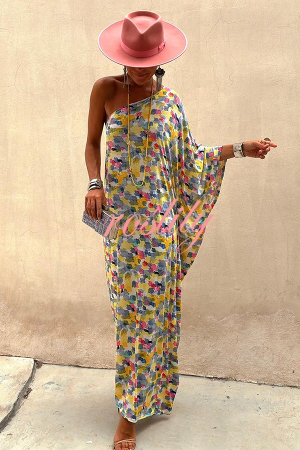 Indio Watercolor Print One Shoulder Drape Sleeve Maxi Dress