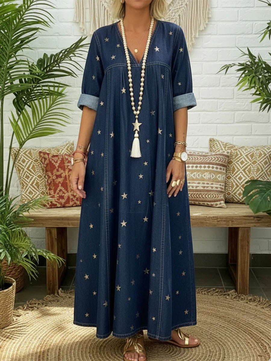 Casual Gold Star Printed Denim Dress