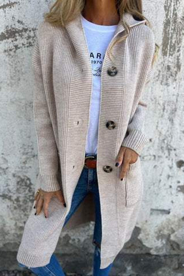 Solid Color Hooded Pocket Mid-length Knitted Cardigan