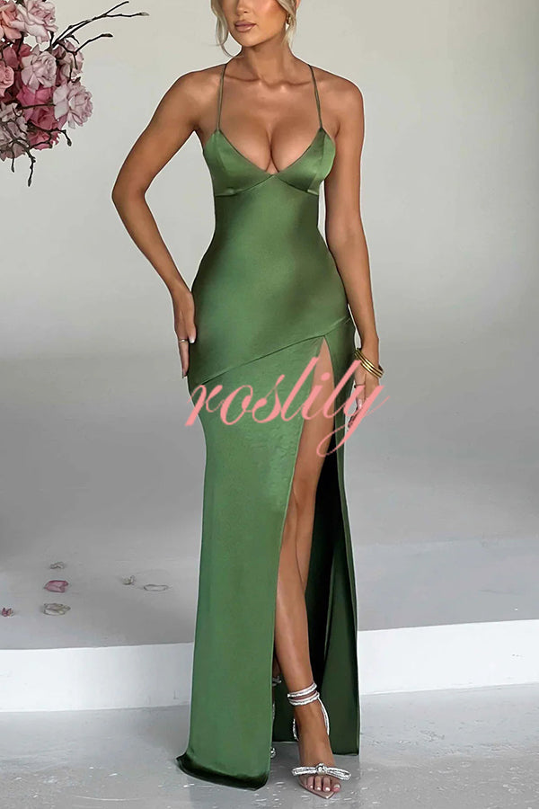 Satin Solid Color Sexy Backless Lace Up High Slit Maxi Dress