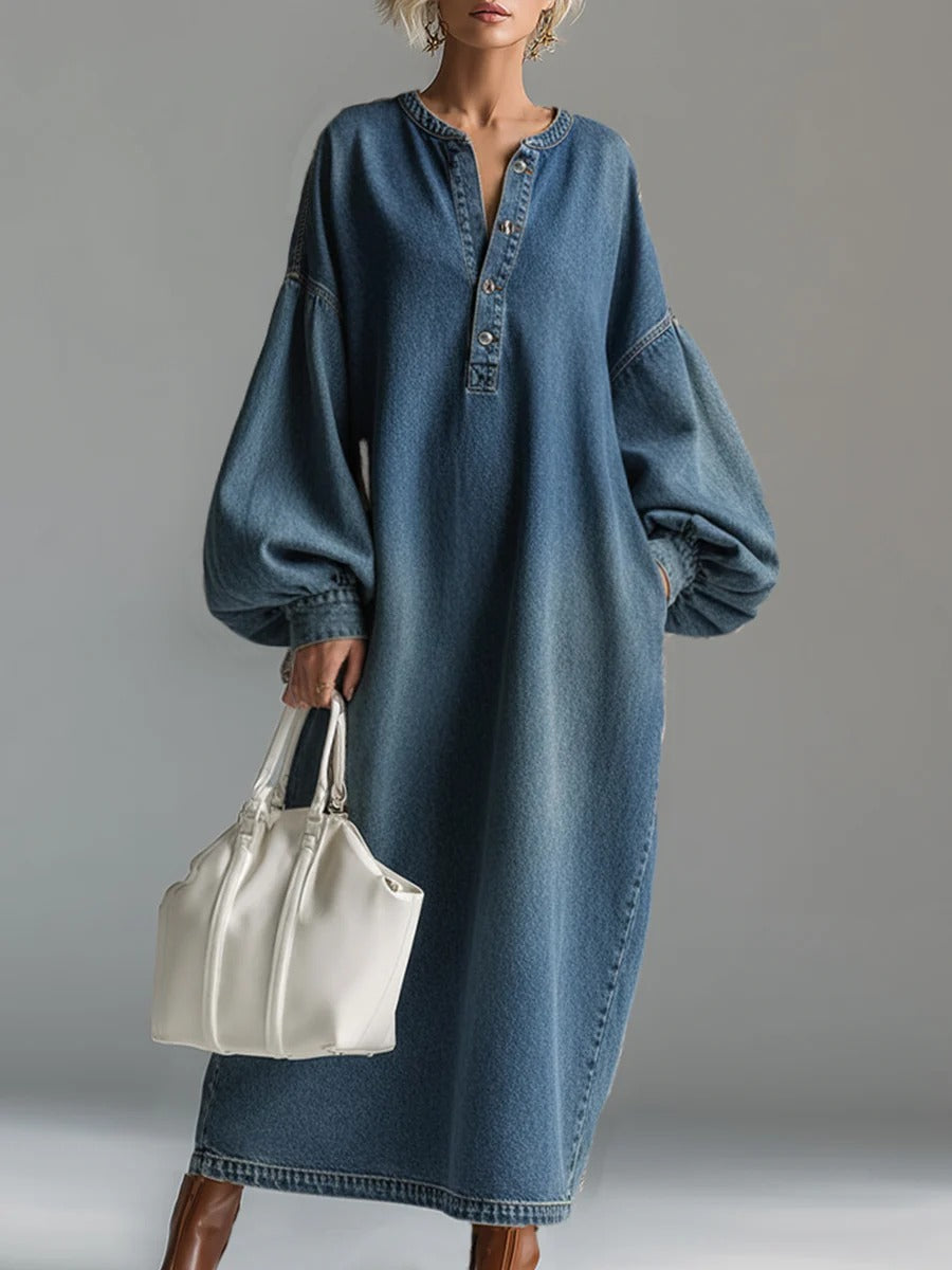 Denim Balloon Sleeve Maxi Dress