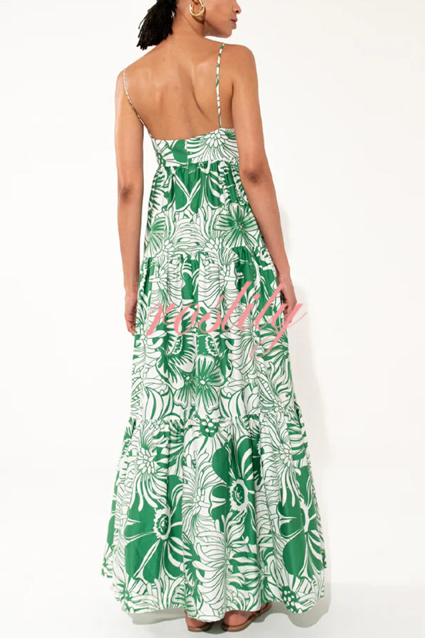 Botanical Floral Print Sexy Sling Backless Maxi Dress