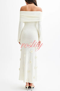 Timeless Sophistication Knit Off Shoulder Rose Detail Stretch Maxi Dress