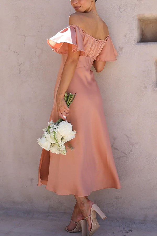 Pure Love Satin Butterfly Sleeve Slit Midi Dress