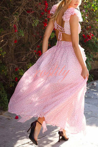 Wedding Dreams Chiffon Printed Flutter Sleeve Cutout Back Lace-up Maxi Dress