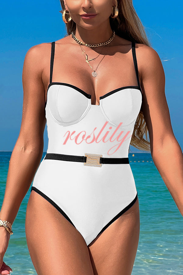 Fashionable Contrast-color Overlock Stretch One-piece Swimsuit