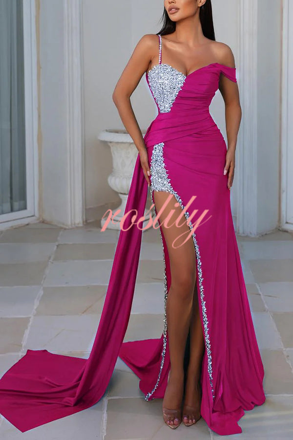 Adelynn Sequin Patchwork One Shoulder Ruched Slit Prom Maxi Dress