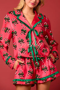 Christmas Holiday Print Bow Tie Long Sleeve and Elastic Waist Loose Shorts Set