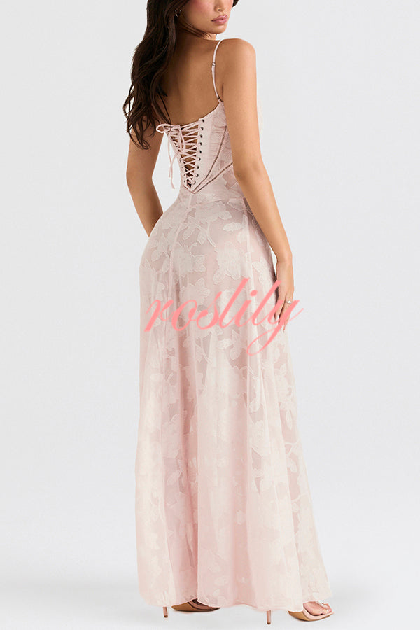 Romantic Vintage Feel Jacquard Fabric Back Lace-up Slip Floaty Maxi Dress