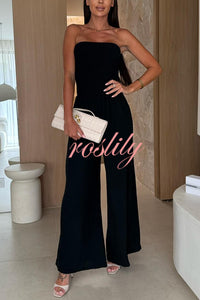 Linen Blend Solid Color Off-the-shoulder Pleated Casual Pocket Wide-leg Jumpsuit