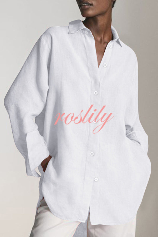 Reality Calling Linen Blend Solid Button Long Sleeve Loose Blouse