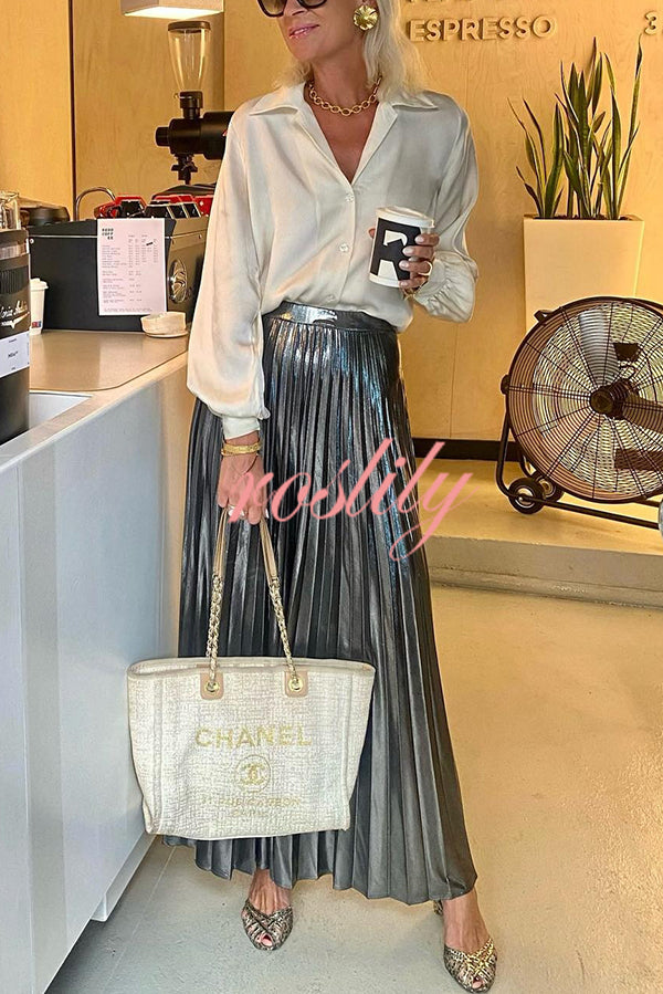 Fashionable Metallic Pleated Back Elastic Waist Maxi Skirt