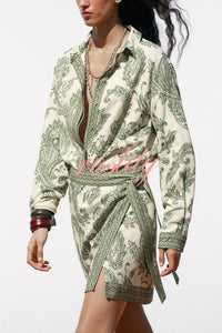 Blend Into Leaves Linen Blend Unique Print Long Sleeve Blouse and Wrap Tie-up Mini Skirt Set