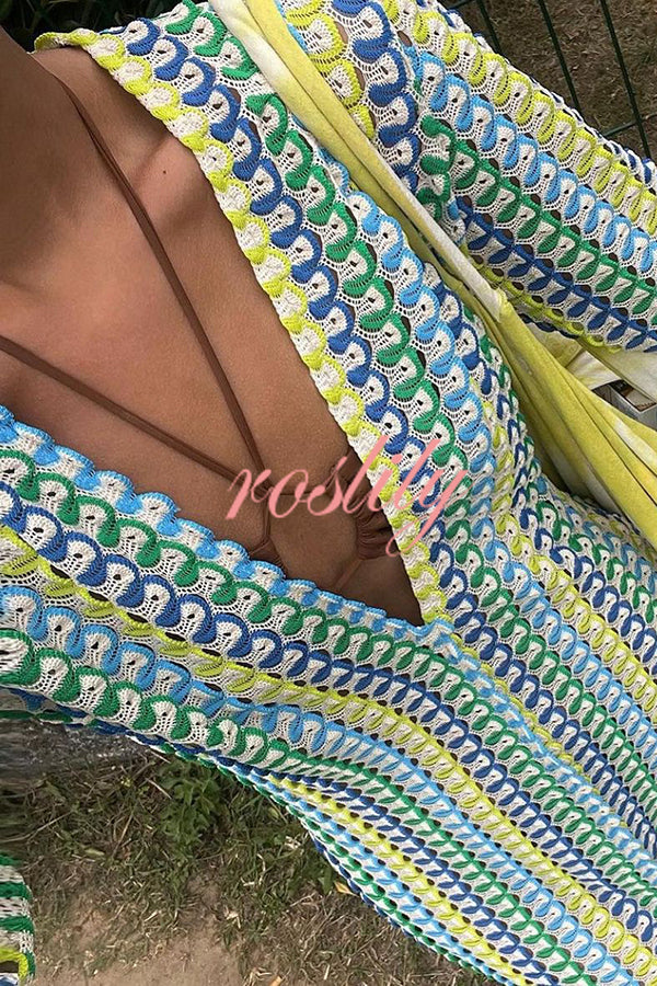 Bondi Beach Knit Colorful Wave Print Long Sleeve Vacation Maxi Dress