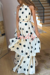 Gift To You Polka Dot Print High Neck Sleeveless Top and Layered Hem Maxi Skirt Set