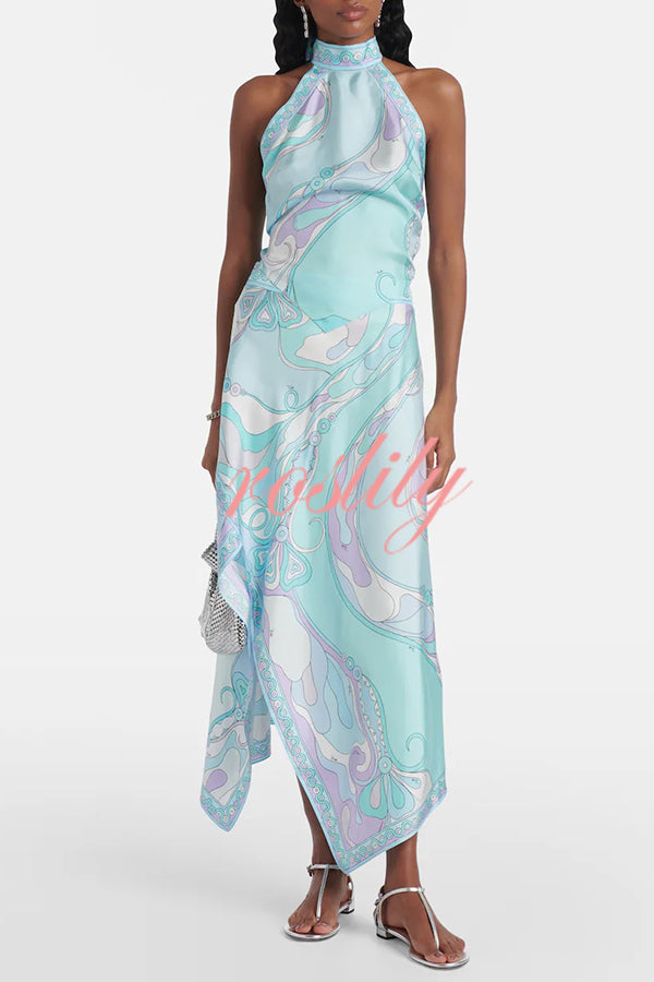 Satin Unique Print Halter Top and Irregular Midi Skirt Set