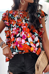 Floral Print Pleated Crew Neck Pullover Top