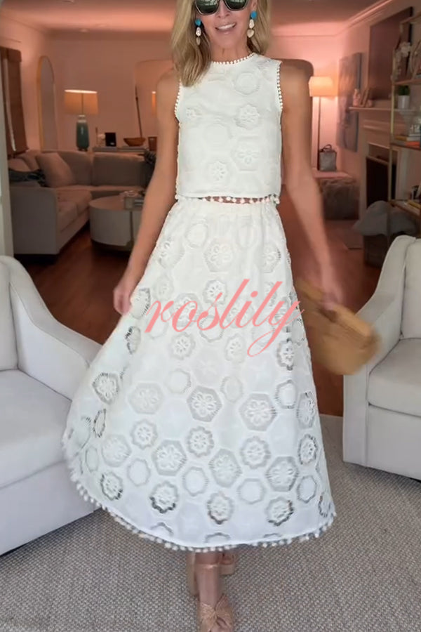Nice Try Embroidered Crochet Lace Tassle Trim Elastic Waist Midi Skirt