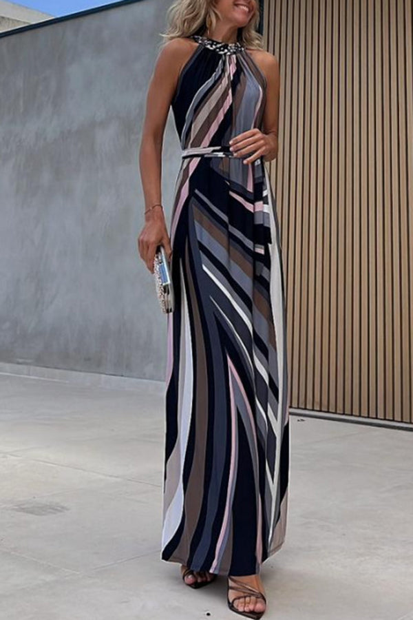 Flowing Elegance Colored Lines Printed Belt Halter Maxi Dress