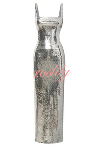 Eye Catching Sequin Cutout Waist Wide Strap Bacakless Maxi Dress