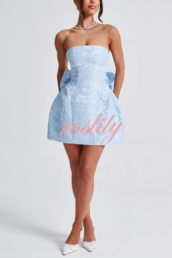 Palace Style Jacquard Fabric Off Shoulder Backless Lace-up Bow Mini Dress