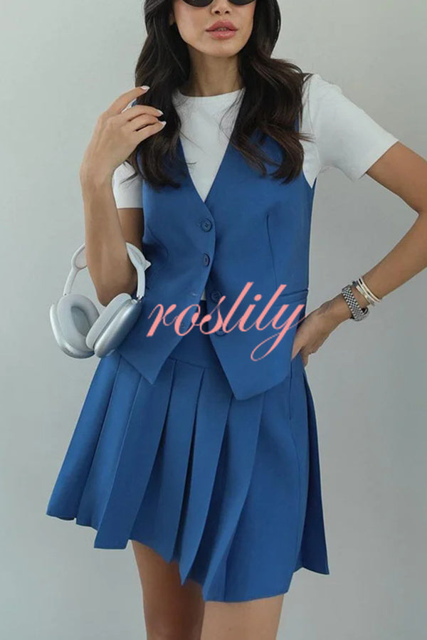 Solid Color Sleeveless Buttoned Vest and High-waisted Pleated Mini Skirt Set