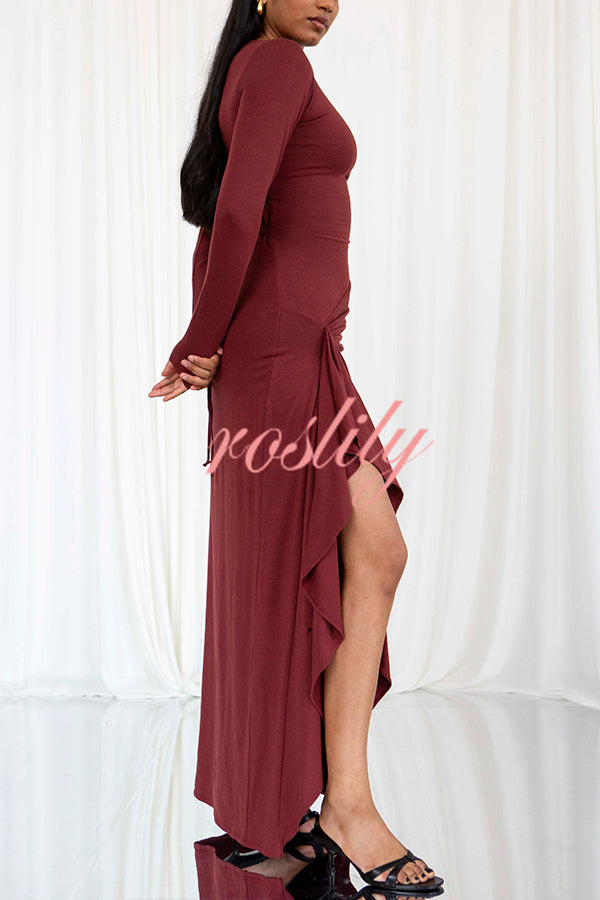 Venus Long Sleeve Ruched Side Slit Drape Ruffles Back Lace-up Stretch Maxi Dress