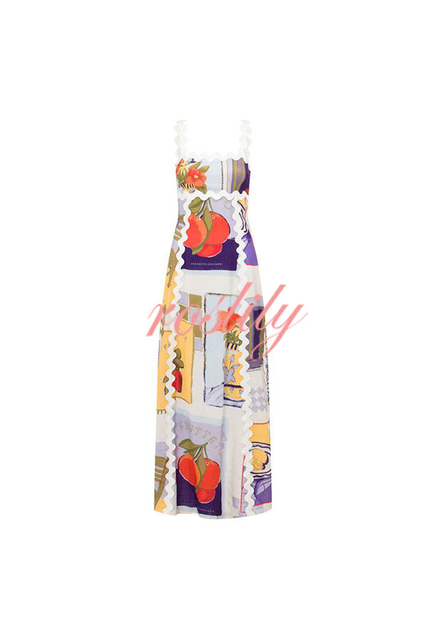 Chelsea Ric Rac Trims Unique Print Back Tie-up Maxi Dress