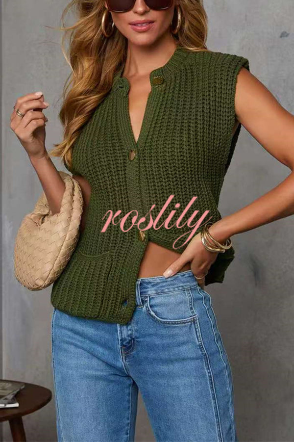 Solid Color Sleeveless Button Pocket Knit Vest