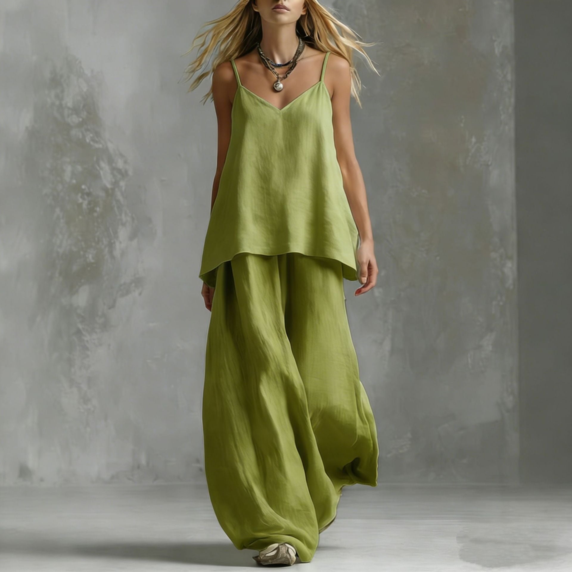 Linen Cami Two-Piece Set - V-Neck Top & Palazzo Pants