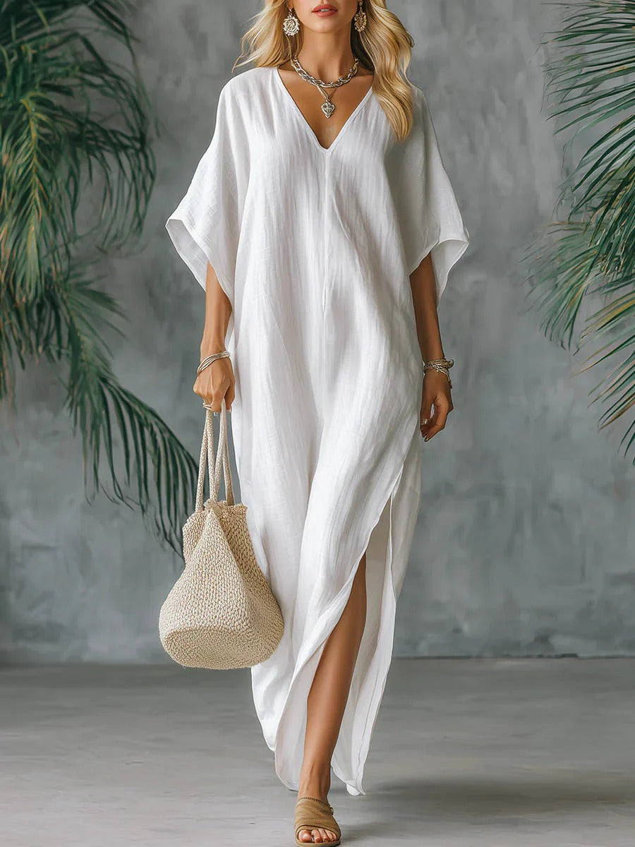 Solid Color V-neck 3/4 Sleeve Loose Cotton And Linen Dress