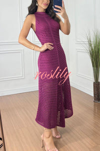 Violet Crochet Knit Round Neck Texture A-line Maxi Dress