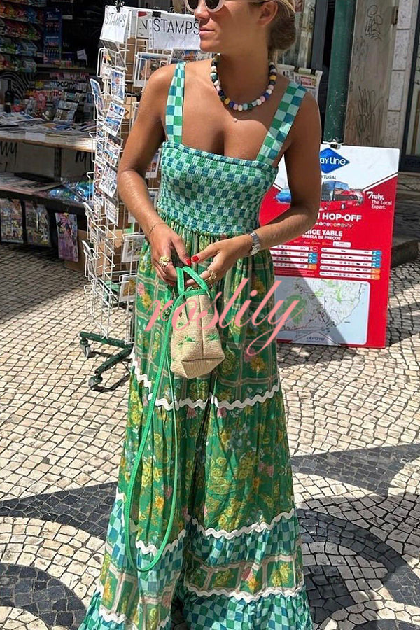 Yolanda Ric Rac Trims Unique Print Smocked Bust Back Lace-up Maxi Dress