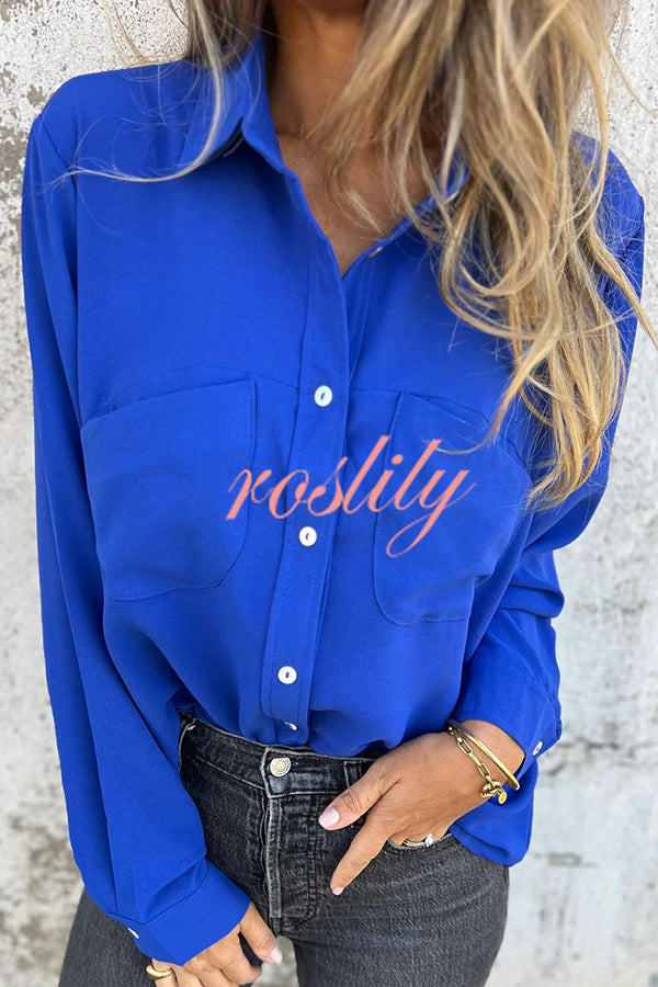 Solid Color Lapel Button Pocket Casual Long Sleeve Shirt