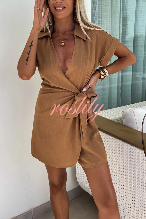 Relaxing Beach Linen Blend Solid Color Wrap Loose Shirt Romper