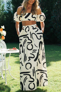 Allegra Doodle Printed Off Shoulder Crop Top and Pocketed Cutout Maxi Skirt Set